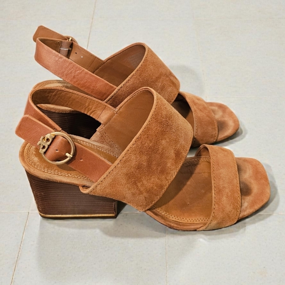 Tory Burch Selby 75MM Block Heel Sandals Silk Suede Ambra Tan Size-8.5